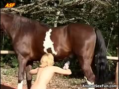 A blonde xxxl beastiality porn star enjoys sucking and licking a horse's penis.